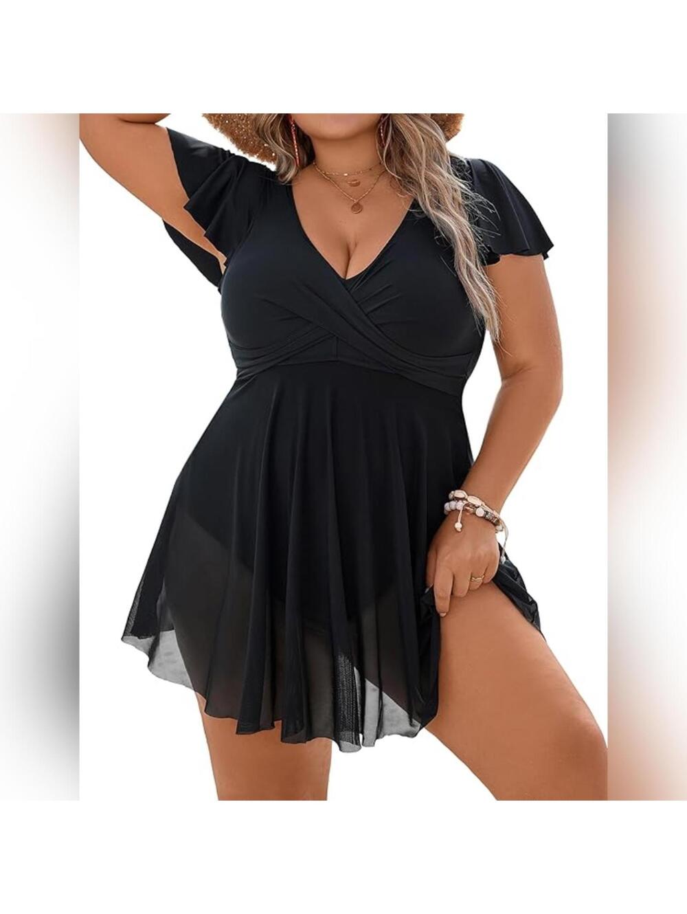 NWOT Women's One Piece Swim Dress Tummy Control Ruffle V Neck Swimsuit, L (10)
